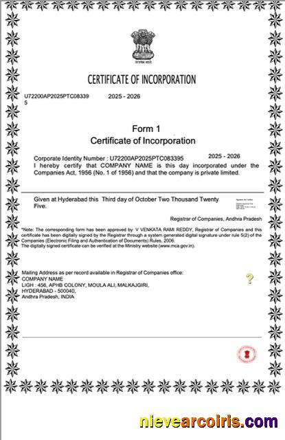 India certificate of incorporation, version 2
